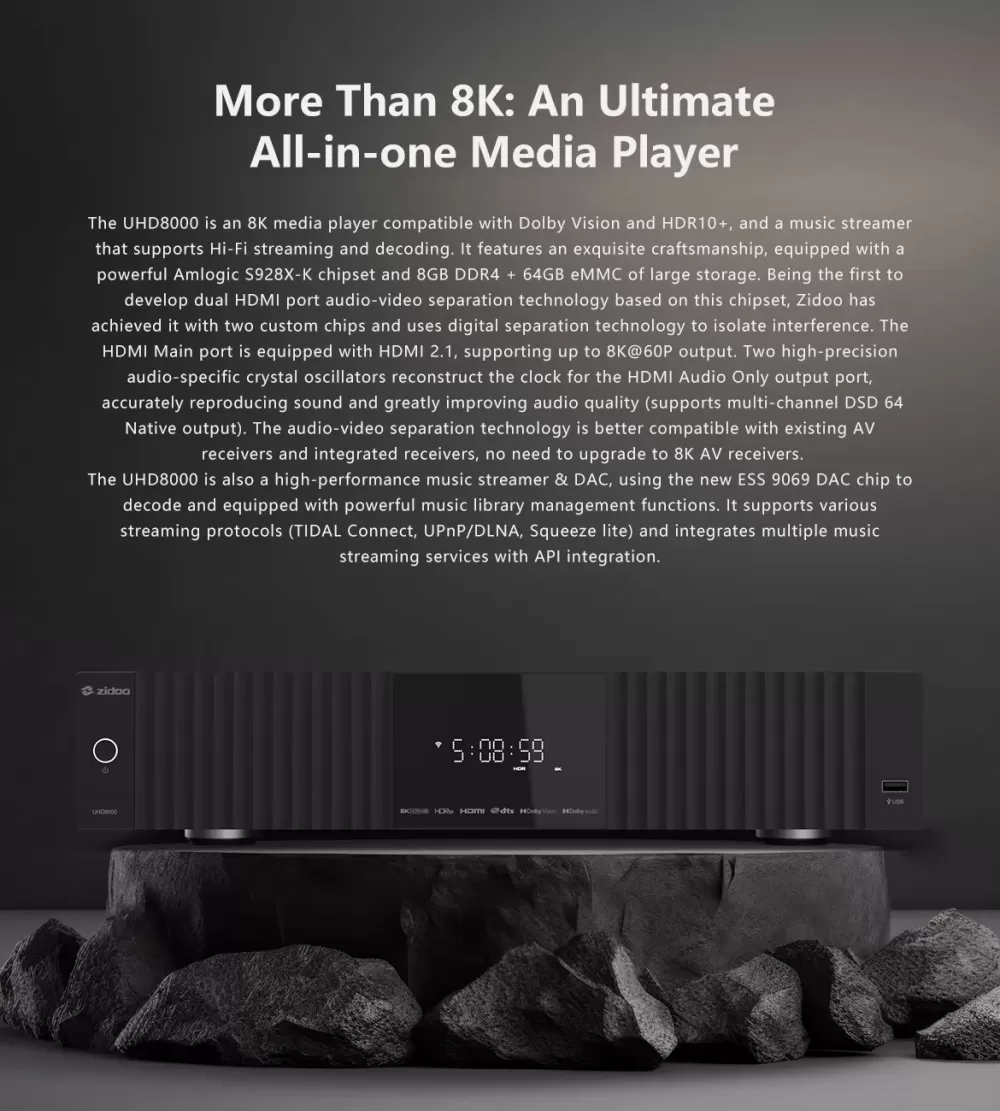 ZIDOO UHD8000 8K BLACK UHD MEDIA PLAYER / TĪKLA ATSKAŅOTĀJS